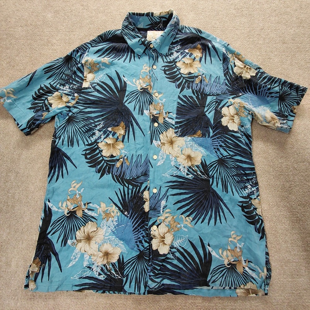 Tasso Elba Hawaiian Shirt Floral Short Sleeve Shirt Men's XL Silk Linen Button